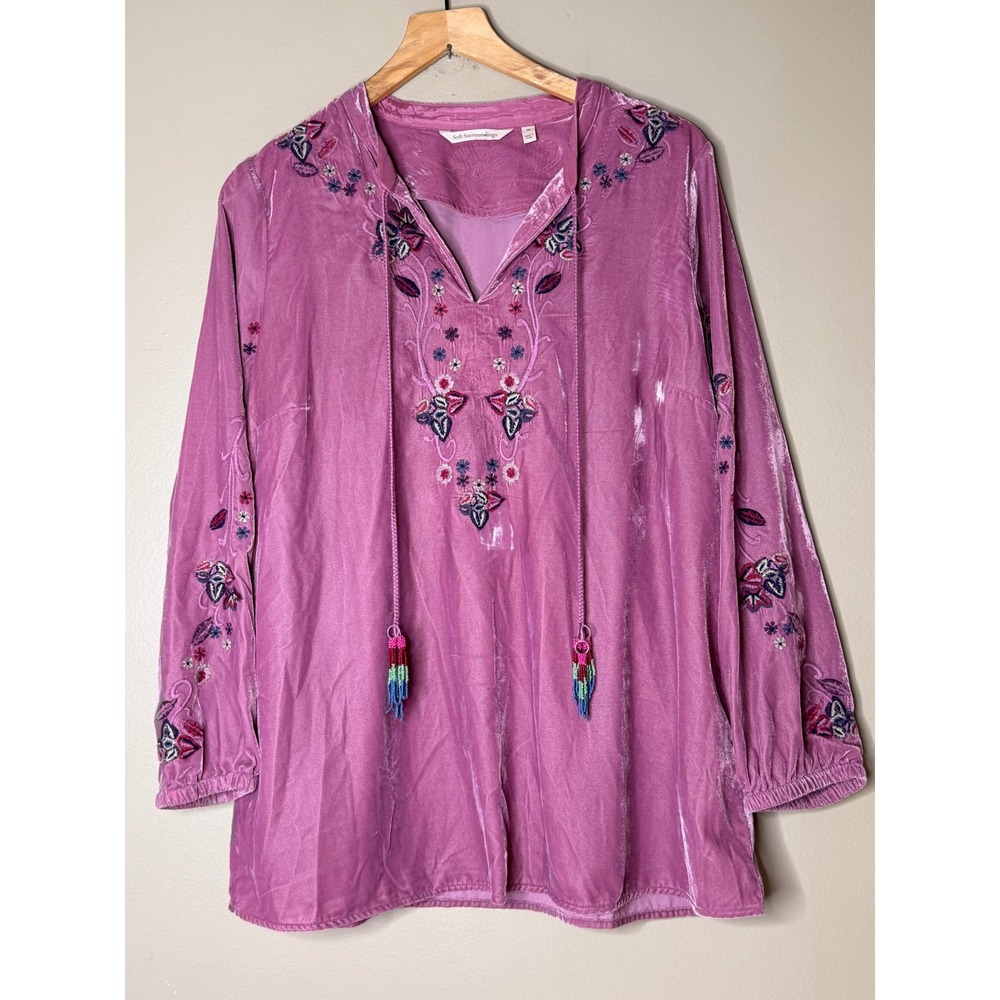Soft Surroundings Pink Velvet Floral Embroidered Tassel Tunic Blouse M 2EM40